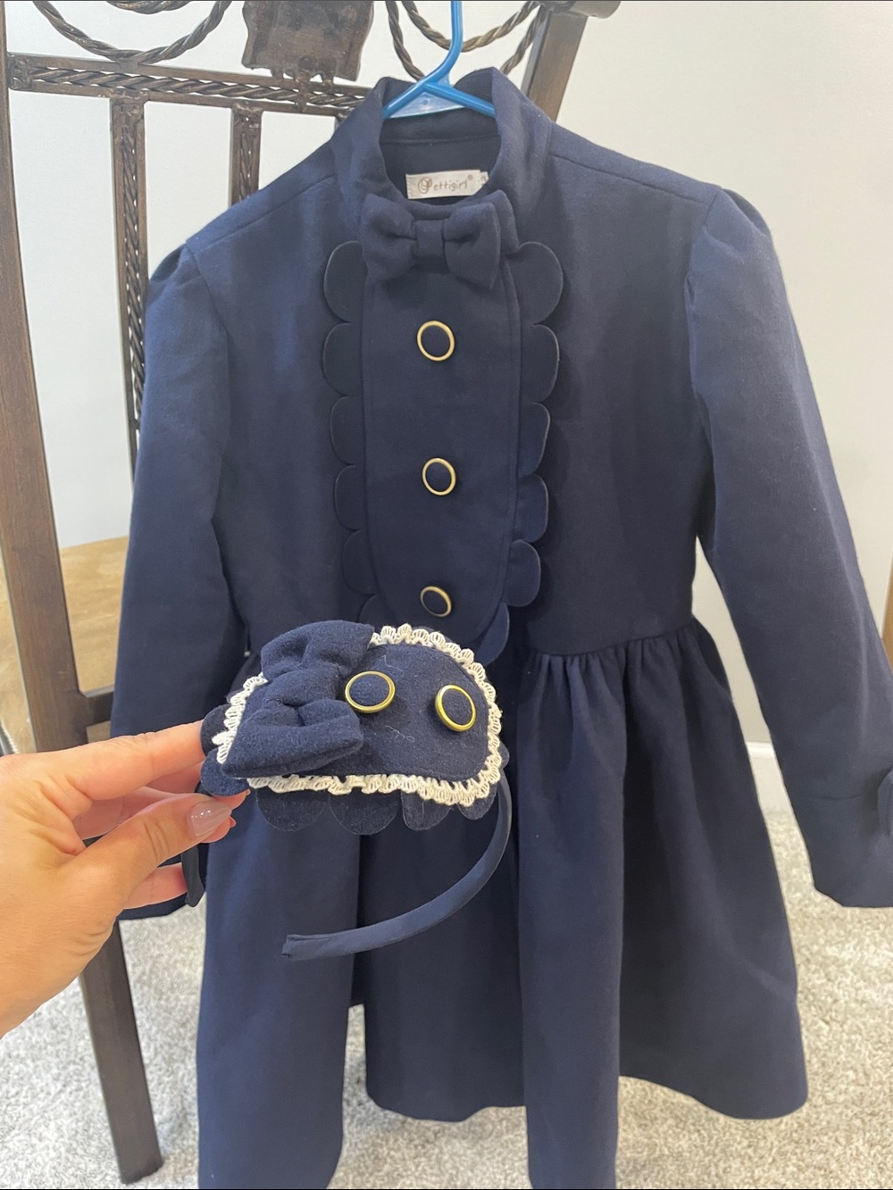 Girls' navy Scalloped Coat with Bow Accents